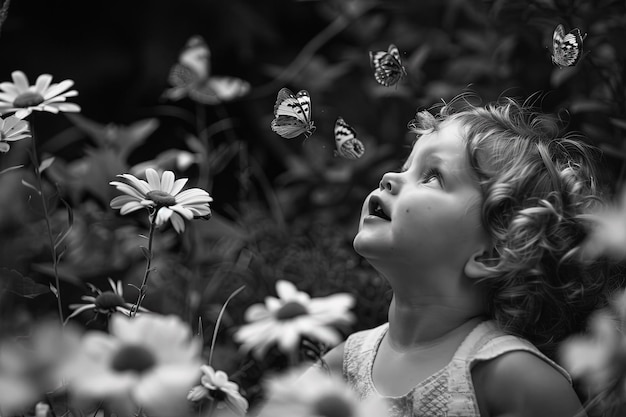 Uma menina de pé num campo de flores