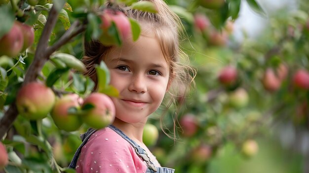 Uma menina de pé num pomar Ela está sorrindo e olhando para a câmera As maçãs estão em flor e há maçãs nas árvores