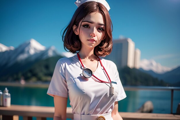 Uma menina de uniforme de enfermeira branca está em frente a um lago