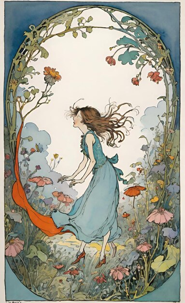 uma menina de vestido azul está de pé num jardim com borboletas e flores