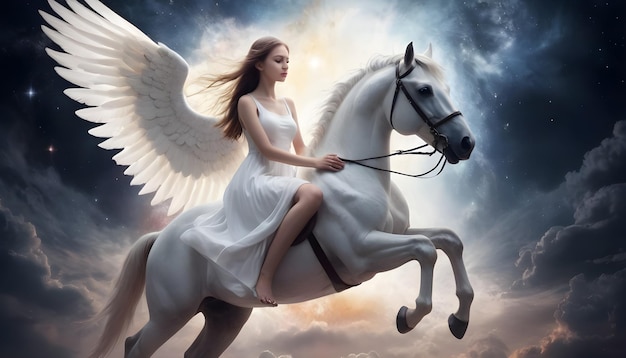 Uma menina de vestido branco em um cavalo alado universo imagem mística