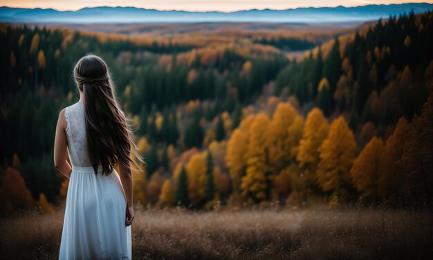 Uma menina de vestido branco está de costas contra o fundo de um panorama de floresta de outono