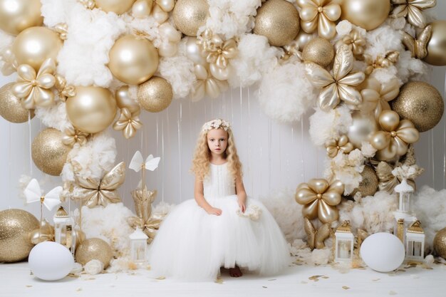 Foto uma menina de vestido branco está sentada na frente de uma decoração de natal de ouro e prata