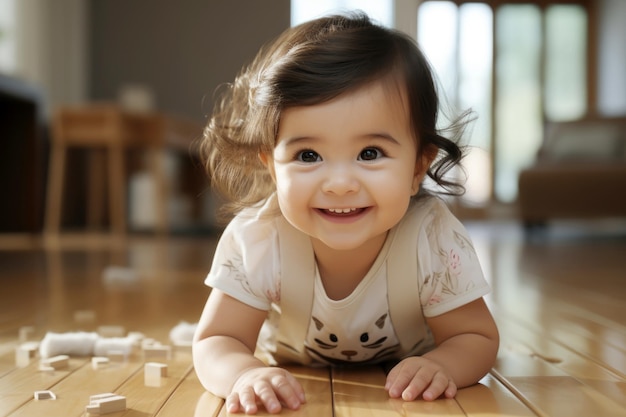 Foto uma menina de vestido branco rasteja pelo chão e sorri.