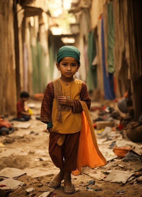 uma menina de vestido colorido caminha por um beco sujo