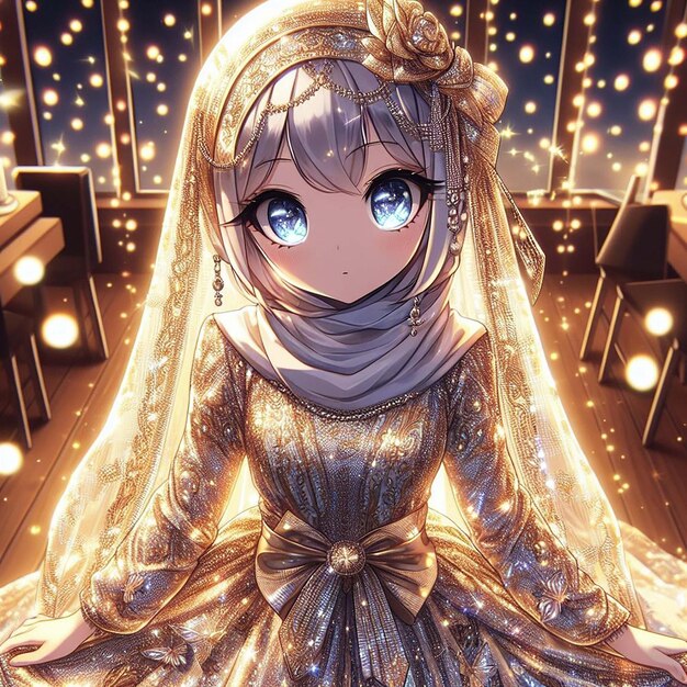 uma menina de vestido dourado com um véu na cabeça