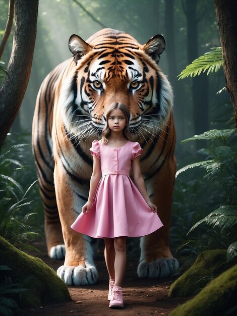Uma menina de vestido rosa está de pé com um tigre na floresta