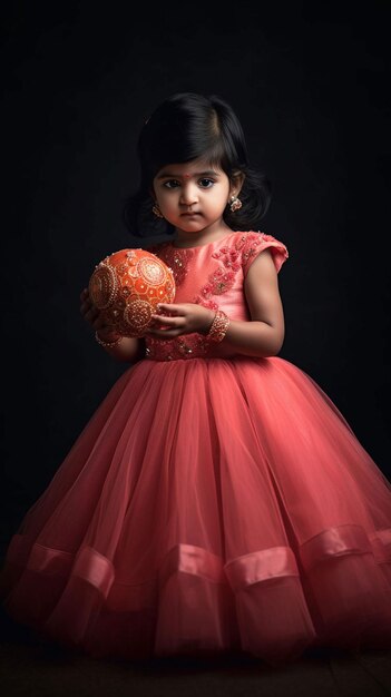 Uma menina de vestido rosa segura uma bola nas mãos.