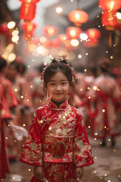 Uma menina de vestido vermelho sorri enquanto está de pé em uma multidão de pessoas durante um festival