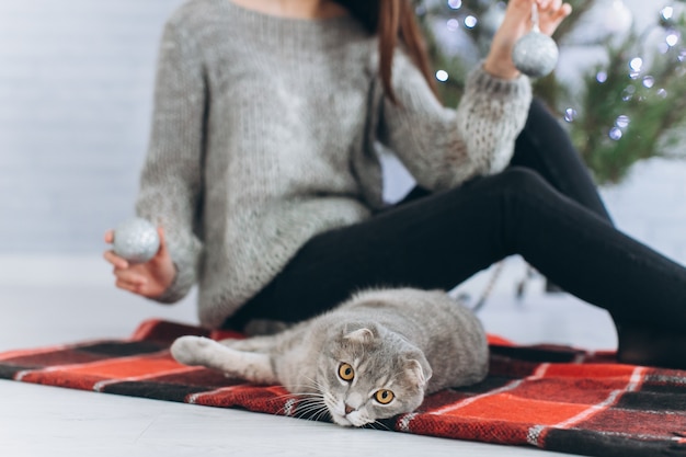 Foto uma menina decora uma árvore de natal e brinca com seu gato.