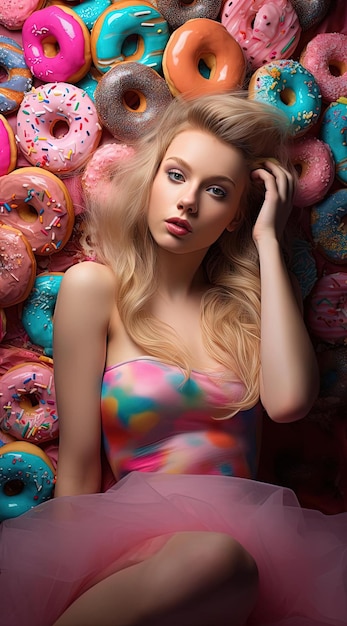 uma menina deitada ao lado de uma série de coloridos cobertos de donuts no estilo de desenho animado misenscene