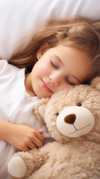 uma menina deitada na cama com um ursinho de pelúcia