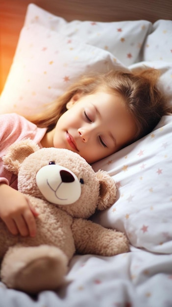 uma menina deitada na cama com um ursinho de pelúcia