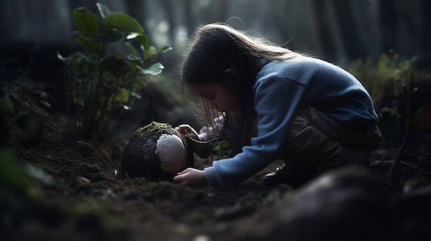 Uma menina deitada na terra com uma planta na mão.