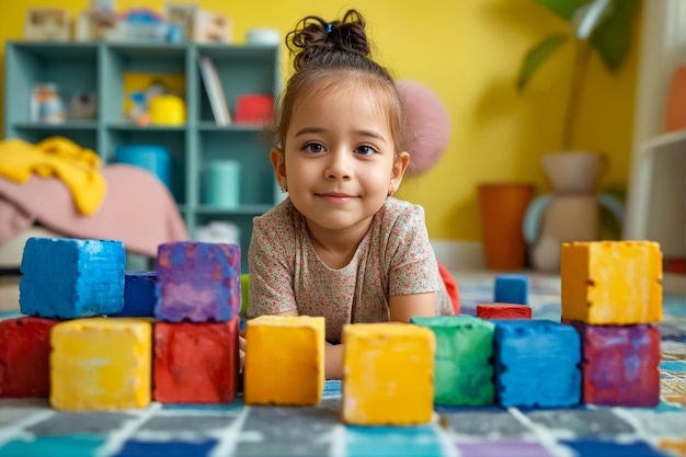 Uma menina deitada no chão com blocos