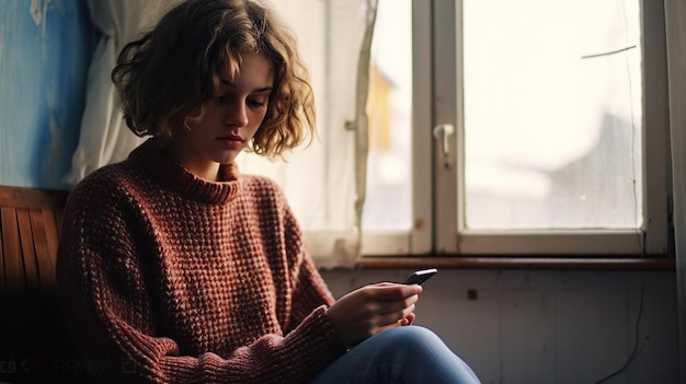uma menina deprimida senta-se na janela com um telefone nas mãos à espera de uma chamada