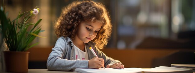 Foto uma menina desenha sentada à mesa.