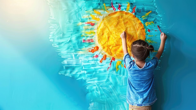Uma menina desenha um sol brilhante em um fundo azul