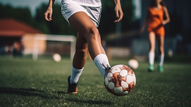 Uma menina dinâmica em trajes de futebol habilmente controlando a bola com o pé enquanto mantém o equilíbrio e se concentra no campo