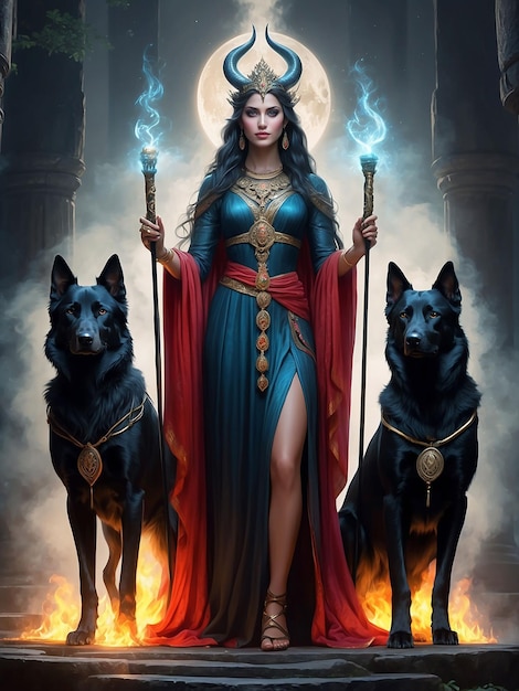 Uma menina divina está de pé com uma brânquia de fogo e um cão ao seu lado