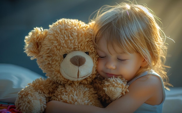 Uma menina doce abraçando um ursinho de pelúcia fofinho em uma cama aconchegante em frente à janela com luz natural