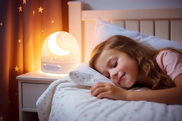 Uma menina dorme em sua cama em um quarto escuro de crianças com a luz noturna ligada