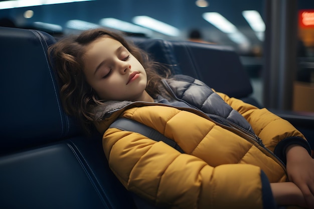 Uma menina dorme pacificamente no terminal do aeroporto enquanto espera o voo