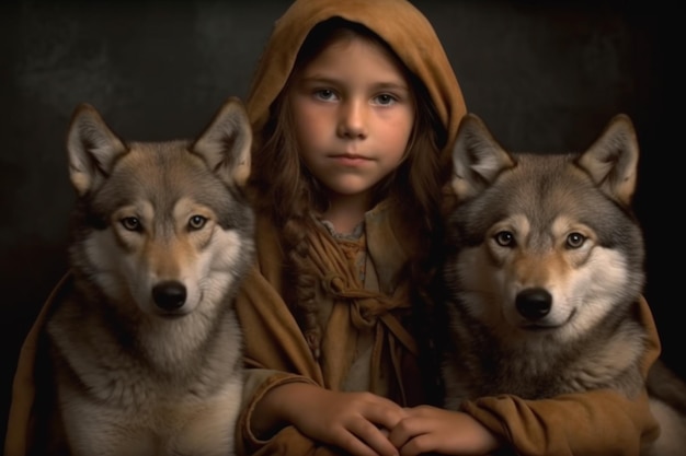 Uma menina e dois lobos estão parados em frente a um fundo escuro.