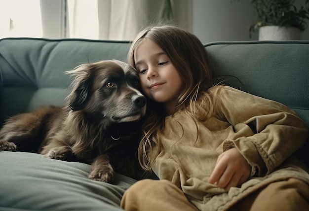 Uma menina e seu cachorro em um sofá