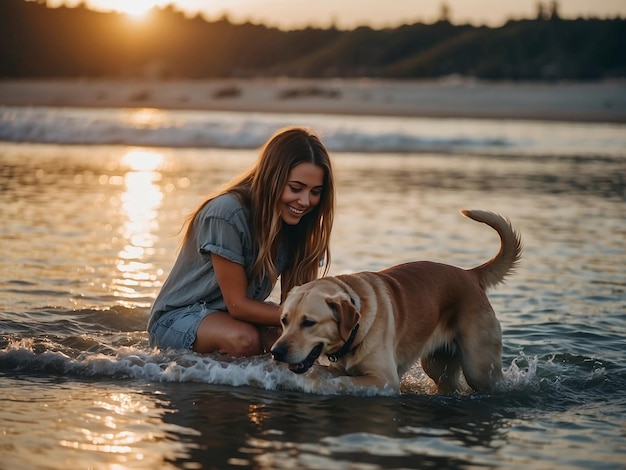 uma menina e seu cachorro estão na água ao pôr do sol