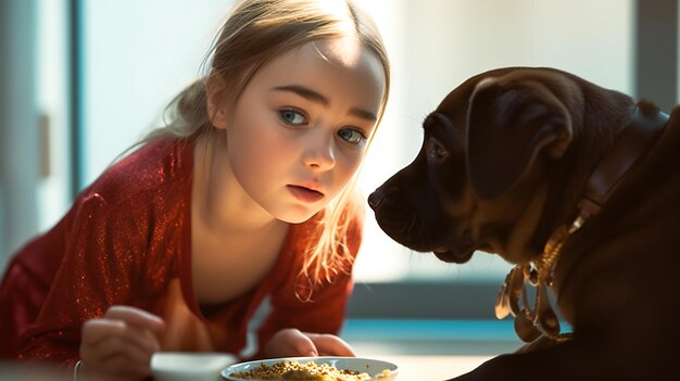 Foto uma menina e seu cachorro estão olhando para uma tigela de comida.
