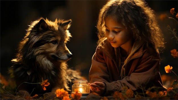 uma menina e seu cachorro estão sentados na grama com uma vela