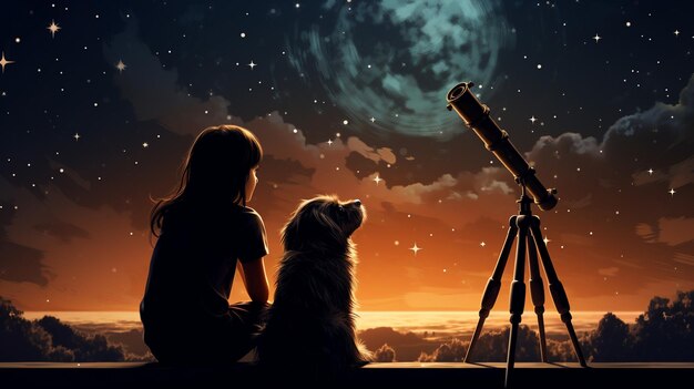 Foto uma menina e seu cachorro olhando para as estrelas de fundo