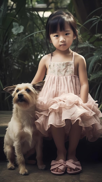 Uma menina e seu cachorro sentam-se em um degrau de madeira em frente a uma planta tropical