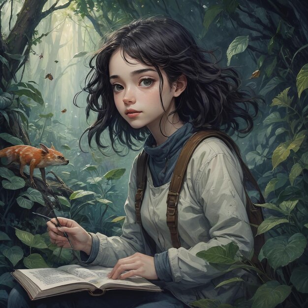 uma menina e um livro de uma menina de conto de fadas e um livro de uma menina de conto de fadas numa floresta escura
