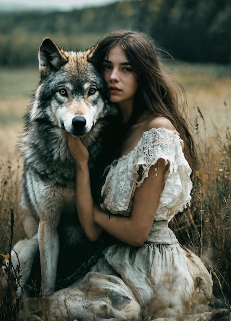 uma menina e um lobo estão num campo com o lobo