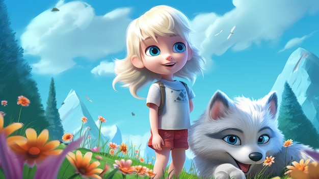 Uma menina e um lobo estão parados em um campo.