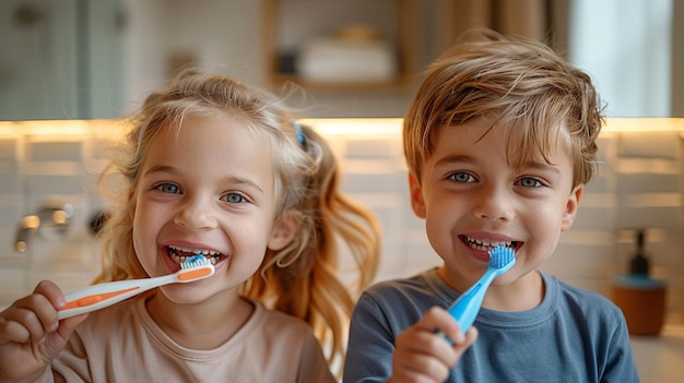 Uma menina e um menino a escovar os dentes.