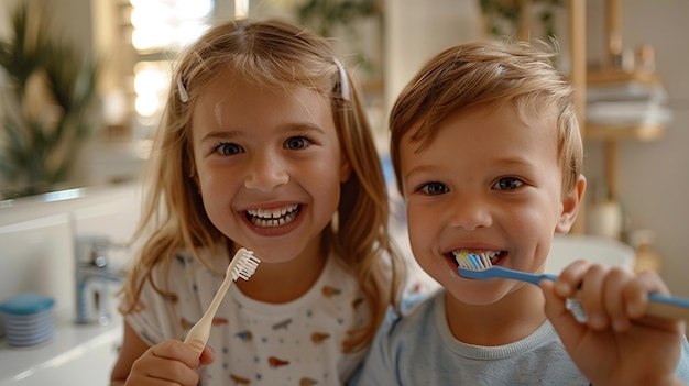 Uma menina e um menino a escovar os dentes.