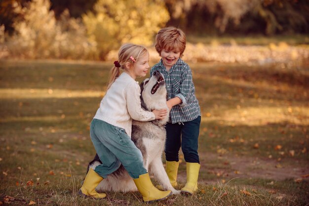 Uma menina e um menino com um cachorro de estimação explorando as férias da natureza, crianças com um cachorro caminhando ao longo da natureza.