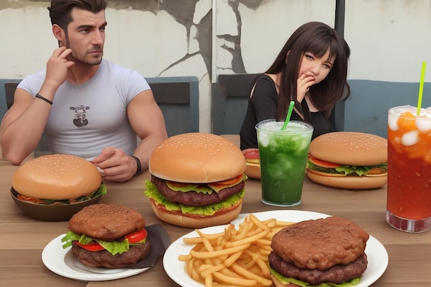 Uma menina e um menino comem um delicioso hambúrguer acompanhado de um copo de uísque com gelo