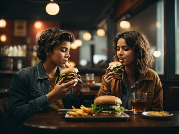 Uma menina e um menino comem um delicioso hambúrguer acompanhado de um copo de uísque com gelo