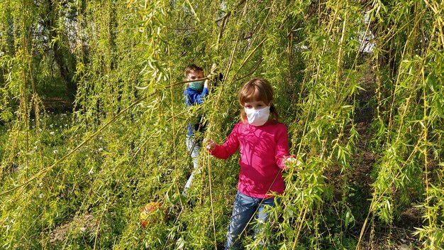 Uma menina e um menino estão brincando nos galhos de um salgueiro-chorão crianças usam máscaras cirúrgicas protetoras para prevenir doenças transmitidas pelo ar a chegada da primavera e o renascimento da vida folhagem verde exuberante