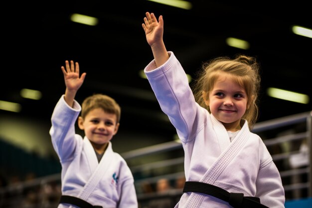 Uma menina e um menino judoka acenam para as bancadas com os braços levantados conceito esportivo