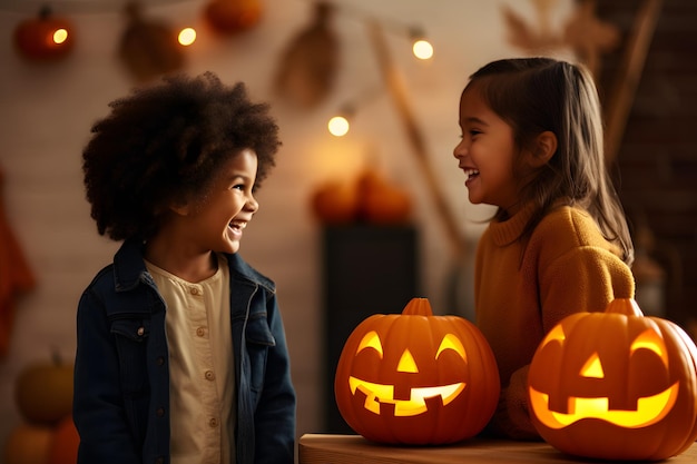 Uma menina e um menino olhando um para o outro enquanto se divertem na noite de Halloween sorrindo felizes