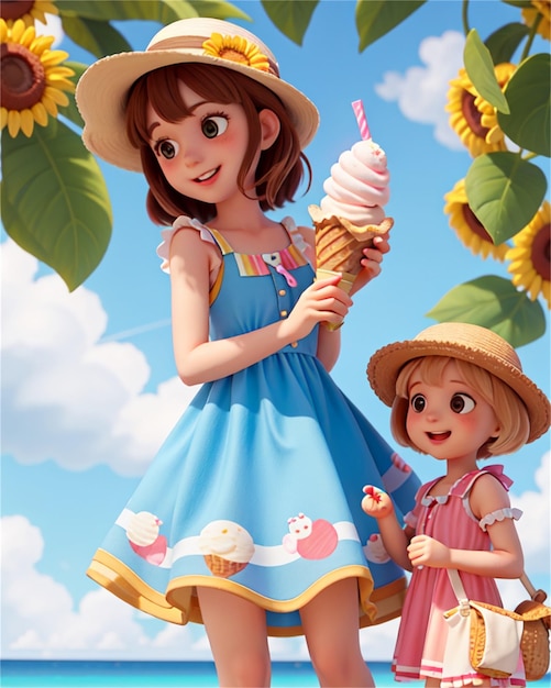 uma menina e uma menina comendo sorvete com girassóis ao fundo