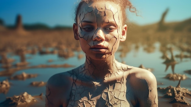 Uma menina é uma mulher sem roupas com a pele rachada como a Terra da seca e falta de água