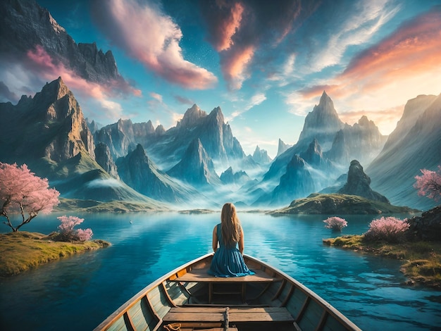 uma menina em um barco viajando em direção a uma paisagem natural impressionante e surreal