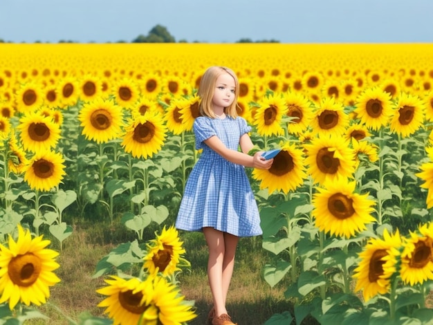 Uma menina em um campo de girassóis está de pé AI GENERADO