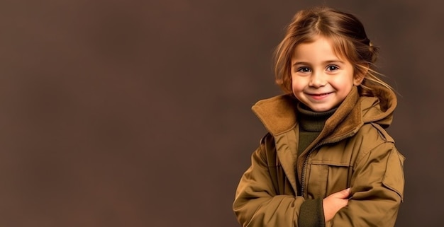 Uma menina em um uniforme militar olhando para a câmera na frente da parede marrom